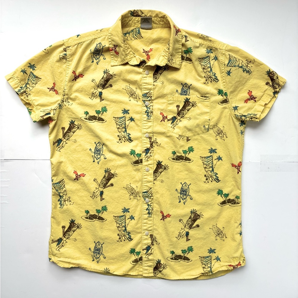 VTG Hang Ten Tiki Print Yellow Short Sleeve Button Down Summer Party Shirt Sz L - Picture 9 of 12